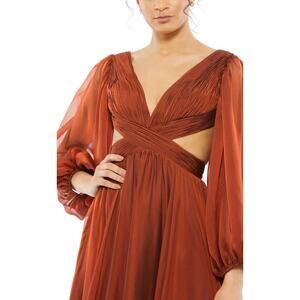 Mac Duggal Long Sleeve Ruffle Tiered Cut-out Chiffon Gown LaceUp Back Prom 67948